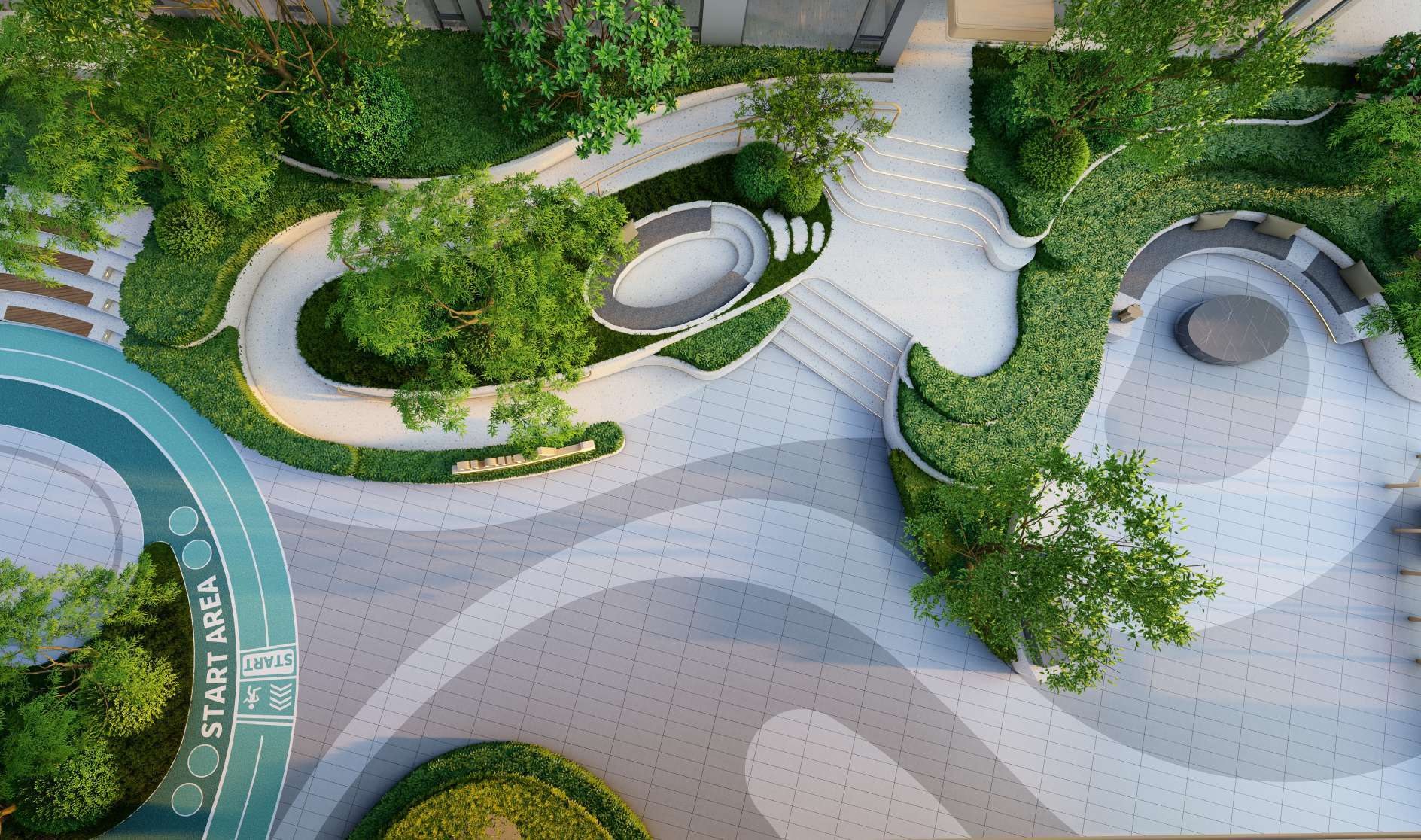 Landscaped outdoor garden and leisure spaces in the CTC SKYONE project rendering