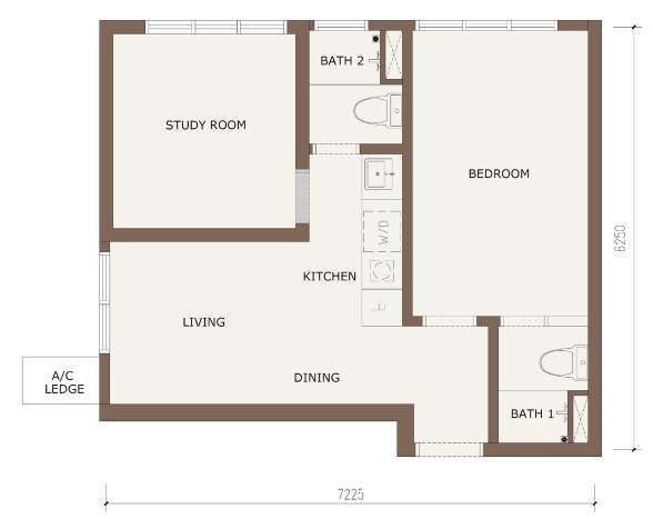 CTC SKYONE Type A floor plan, 463 sq.ft., with 1+1 rooms and 2 bathrooms